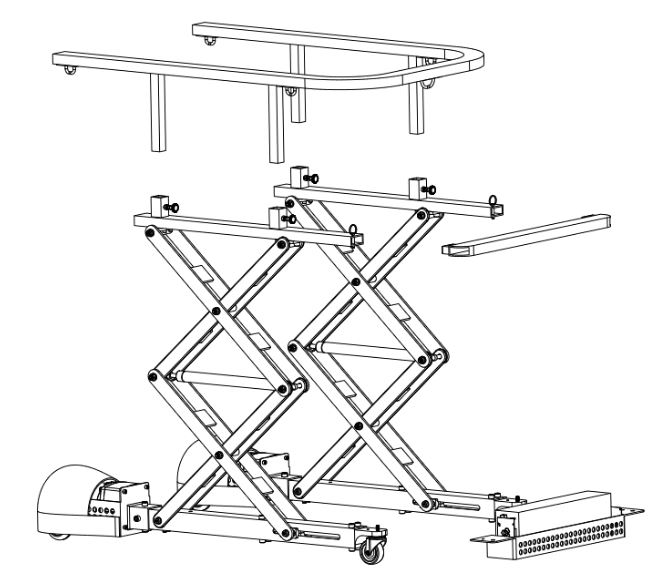 Figure 63 : The design allows the walker to be disassembled in to 5 pieces for transportation. The heaviest component is the scissor assembly with a weight of 35 lbs